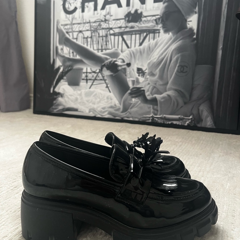 Glossy Black Loafers with Floral Accent